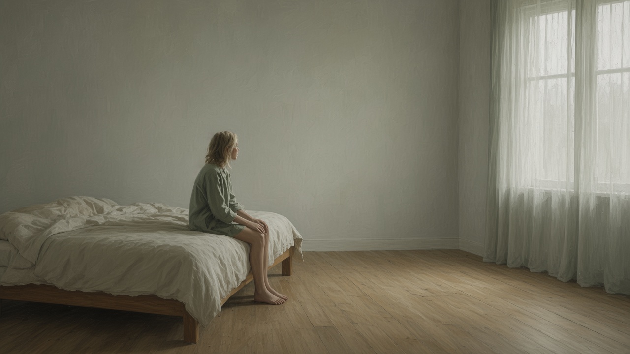 Illustration for I Am: a person just awake on the edge of a bed, turned toward a pale window in sage morning light